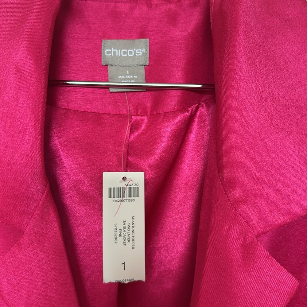 Chico's Women's Shantung Relaxed Open Front Jacket Sz 1 or 8 to 10 stunning pink - Picture 2 of 8